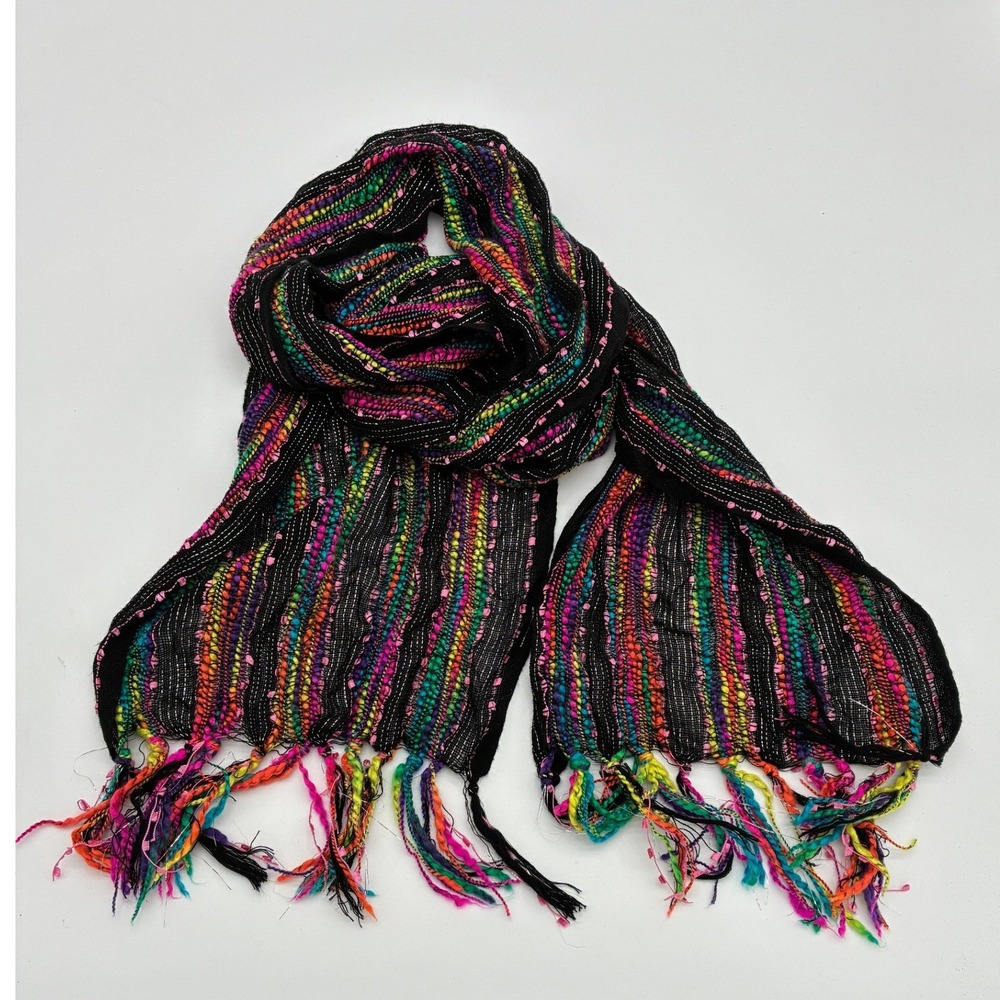 Rainbow Woven Scarf Black Multi Color Striped Metallic Shimmer Fringe Tassel